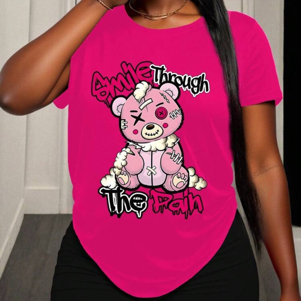 SHEIN Pink Asymmetrical Graphic Short Sleeve Tee